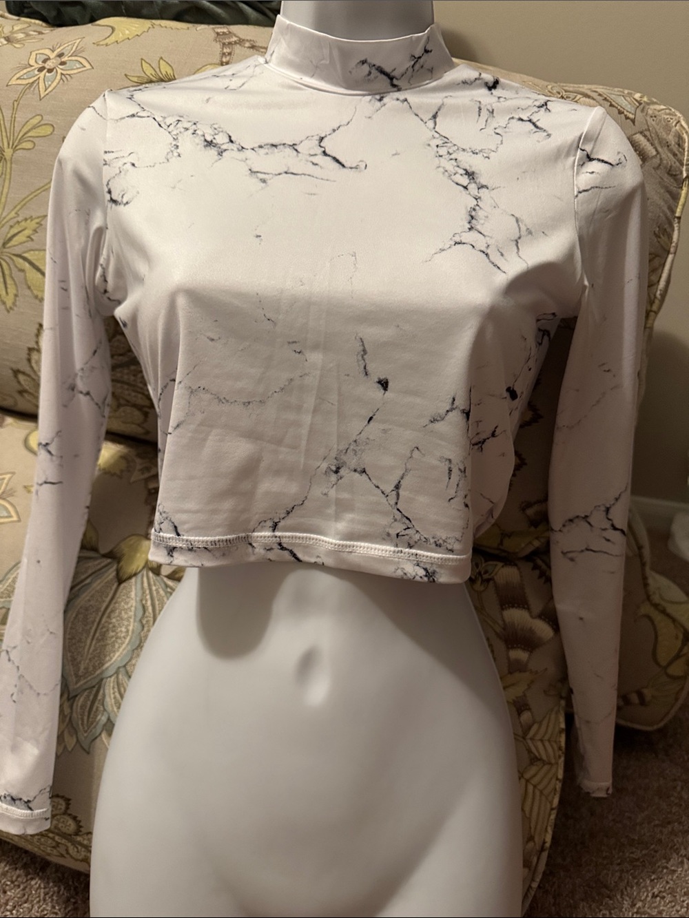 BuffBunny White Marble-Print Mock Neck Crop Top